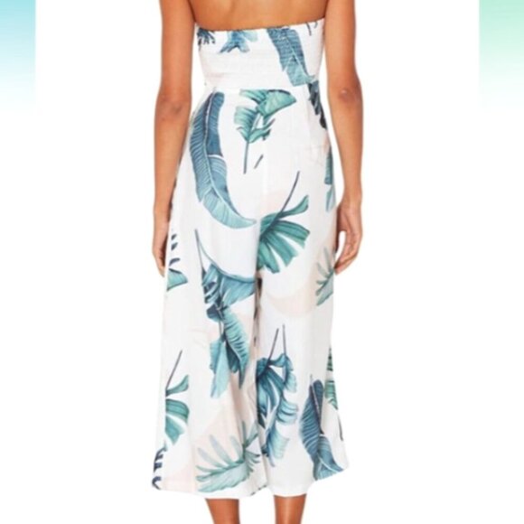 Eiffel Strapless Wide Leg Jumpsuit Sz L Tropical Floral Palm Leave Print 121A - Picture 4 of 11